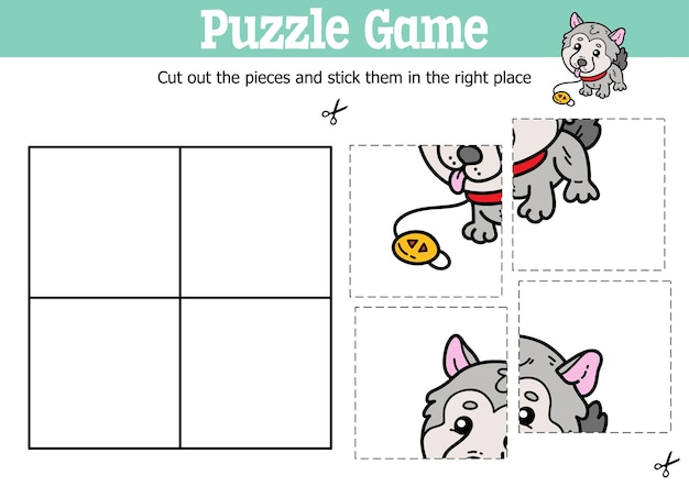 educational kids puzzle game to cut and stick pieces with doodle dog