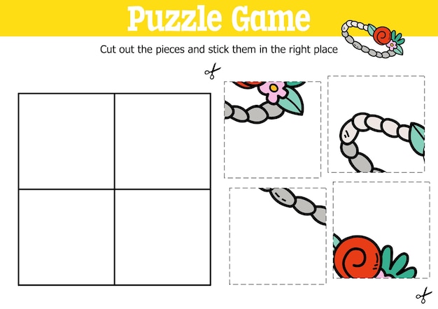 educational kids puzzle game to cut and stick pieces with doodle floral headband