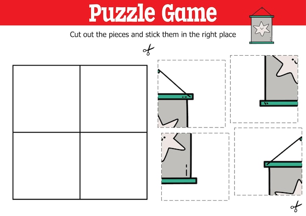 educational kids puzzle game to cut and stick pieces with doodle poster