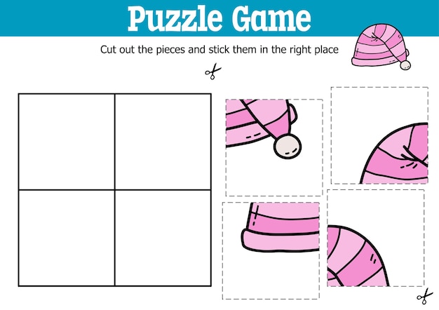 educational kids puzzle game to cut and stick pieces with doodle sleeping hat