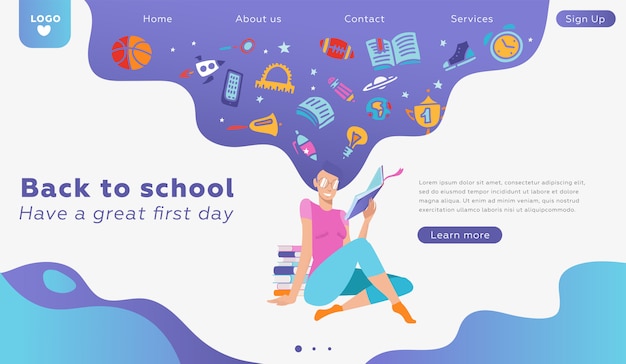 Educational landing page concept template about love to reading. Vector lovely woman character portrait, holding paper book in hands. School supplies in thoughts. Back to school