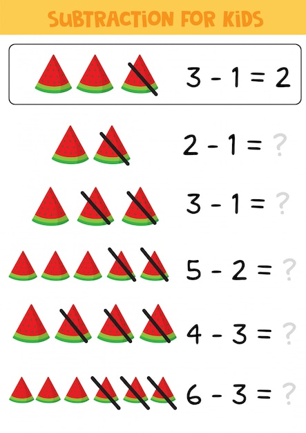 Educational math children game, subtraction with watermelon