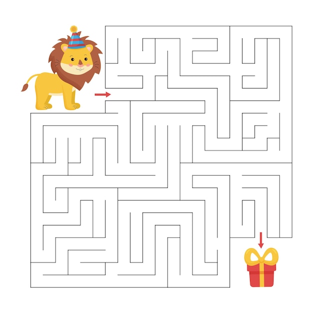 Educational maze game for children. Help the lion find way to gift.