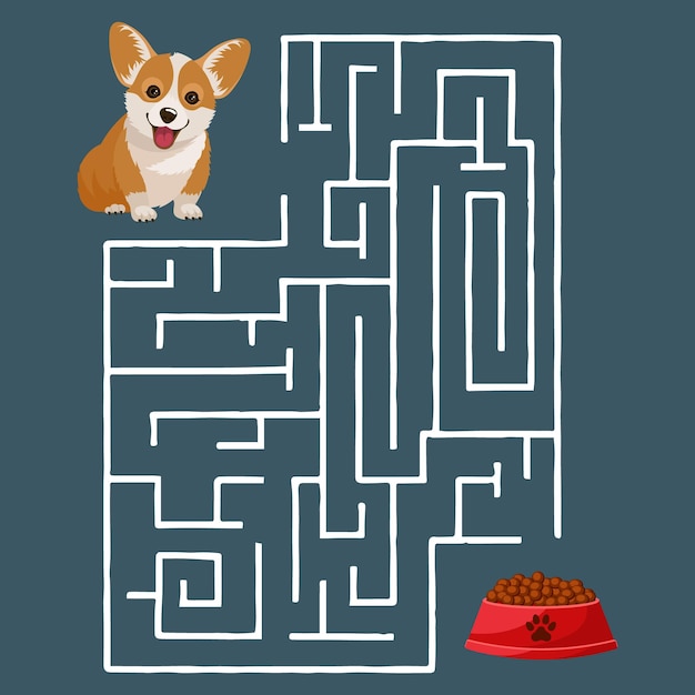 Educational maze for kids with a funny dog and a bowl of food. Education concept. Illustration