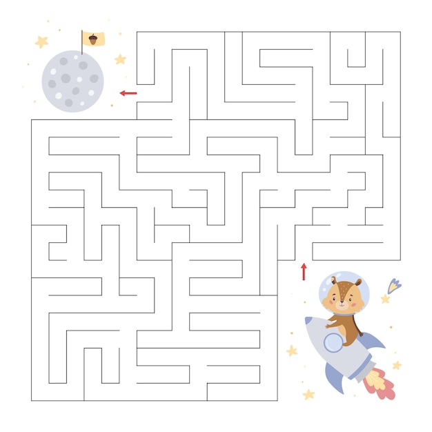 Educational maze with a  little chipmunk on rocket