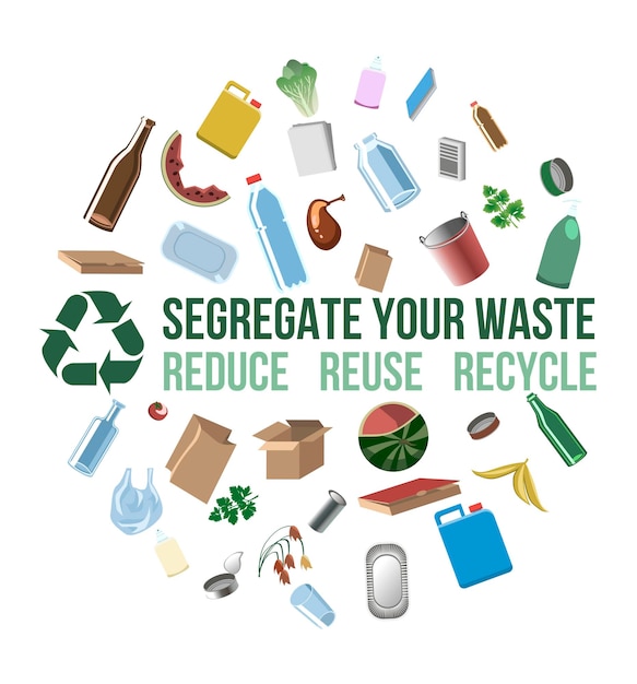 Educational poster with metal, plastic, paper, glass, compost segregation infographics.