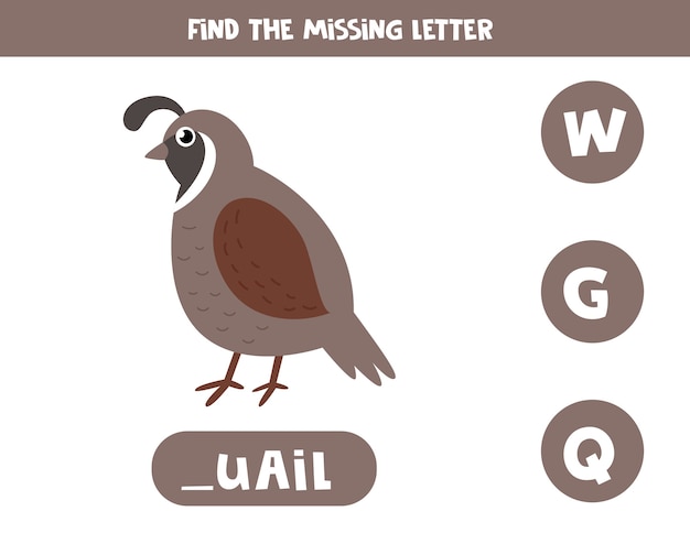 Educational vocabulary worksheet for kids. Find missing letter. Cute quail in cartoon style.