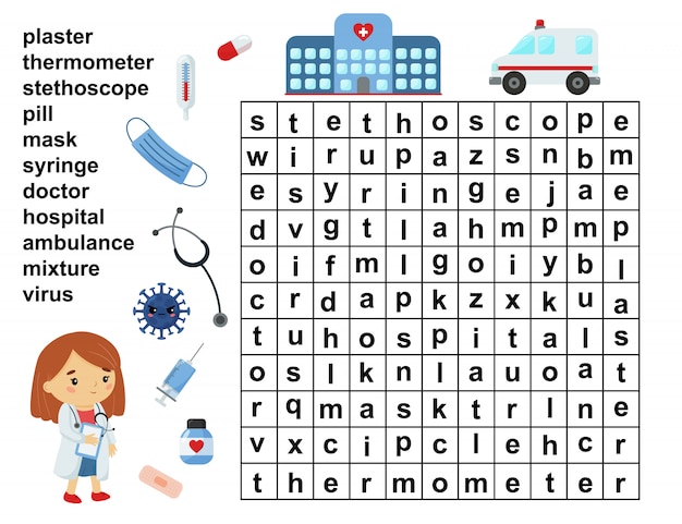 Educational word search game. Crossword for children. Healthcare and medicine tools.