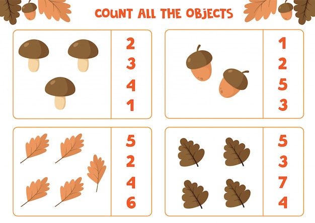 Educational worksheet for children. Count all the objects. Math game for kids. Autumn set.