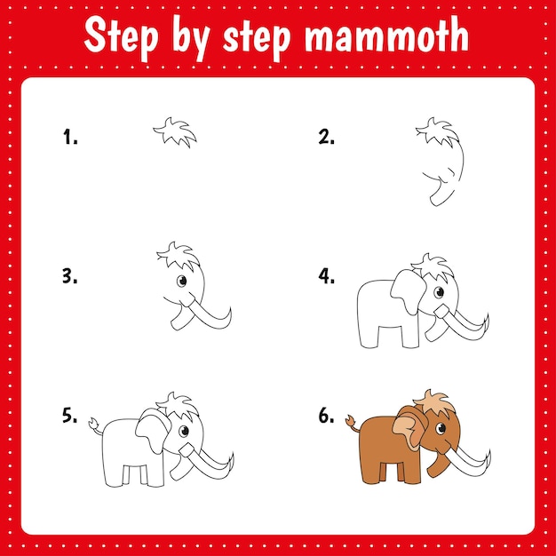 Educational worksheet for kids Step by step drawing illustration Mammoth Activity page for preschool education