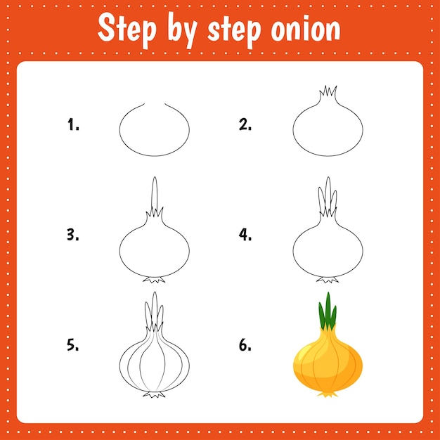 Educational worksheet for kids Step by step drawing illustration Onion Activity page for preschool education