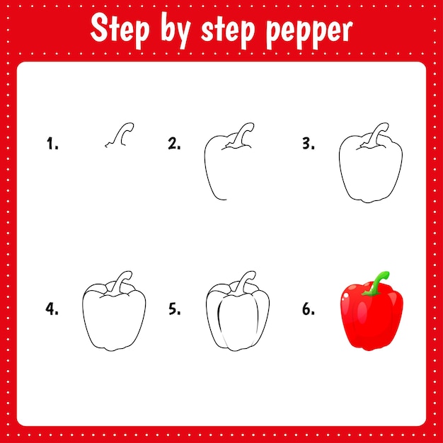 Educational worksheet for kids Step by step drawing illustration Pepper Activity page for preschool education