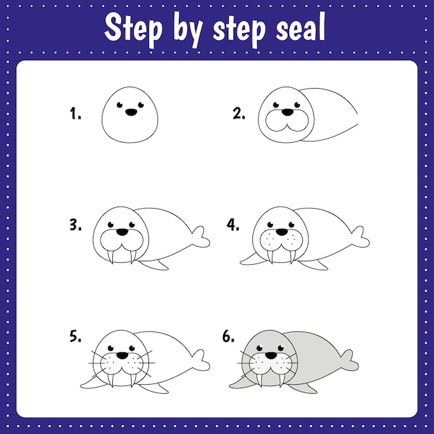 Educational worksheet for kids Step by step drawing illustration Seal Activity page for preschool education