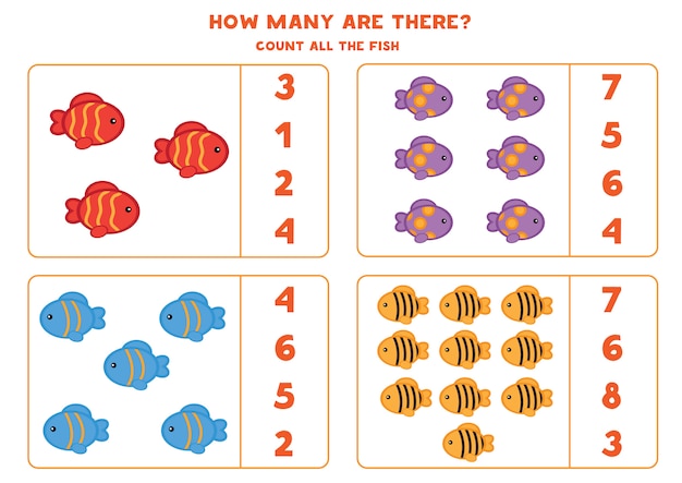 Educational worksheet for preschool kids. Count fish. Math game for children. 