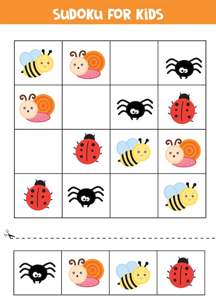 Educational worksheet for preschool kids. Sudoku for kids with insects.