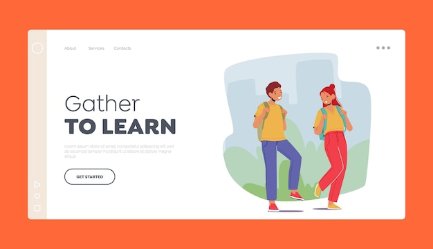 Educational Year Beginning Landing Page Template School Kids Walk with Rucksacks Children Characters Wear Uniform