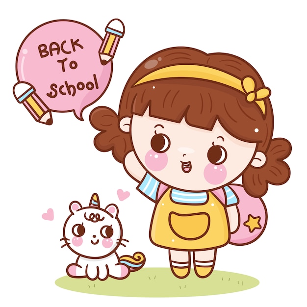 Educator back to school doodle cute girl and unicorn cat cartoon