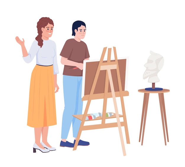 Educator teaching student portrait drawing semi flat color vector characters