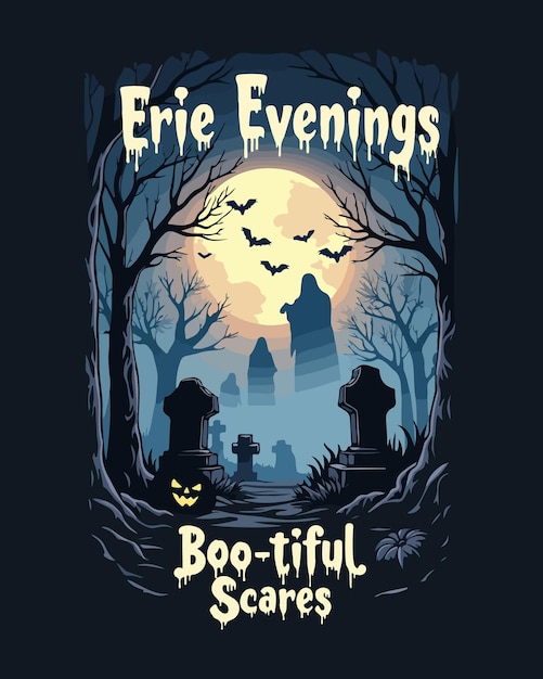 Vector eerie evenings halloween tshirt illustration with ghost amp graveyard vector art design