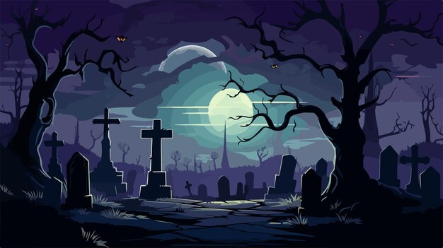 Vector eerie graveyard under moonlight illustration