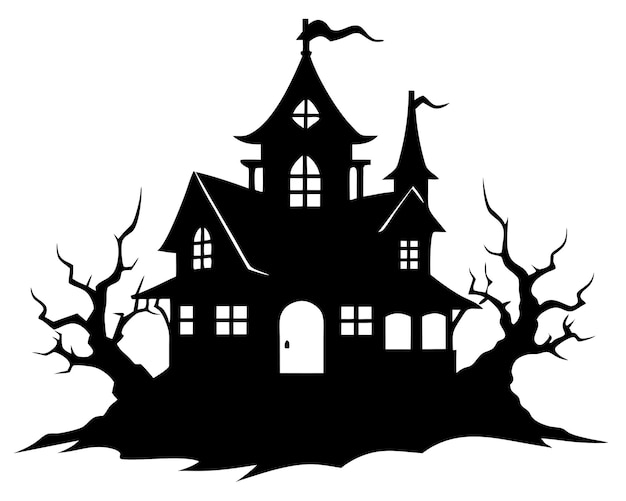 Vector eerie haunted house black silhouette vector art and illustration