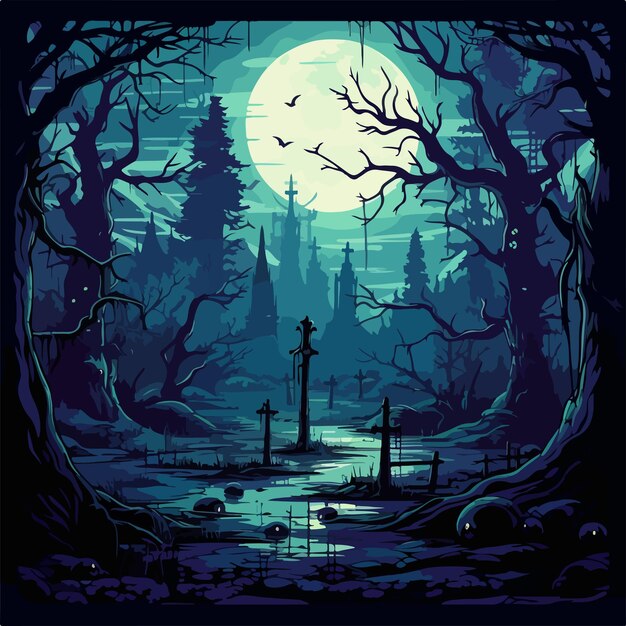 Vector eerie night of dread with forest cemetery illustration