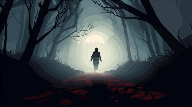 Vector eerie silhouette of dead corpse walking on path at night