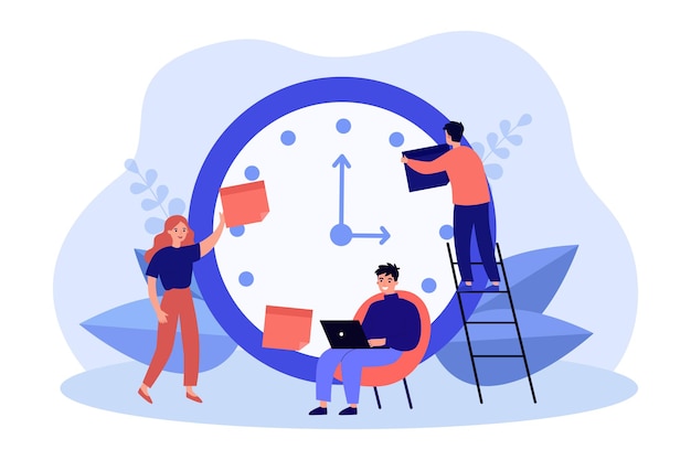 Effective deadline plan of working employees with clock. Work efficiency of tiny people flat vector illustration. Productivity, time management concept for banner, website design or landing web page