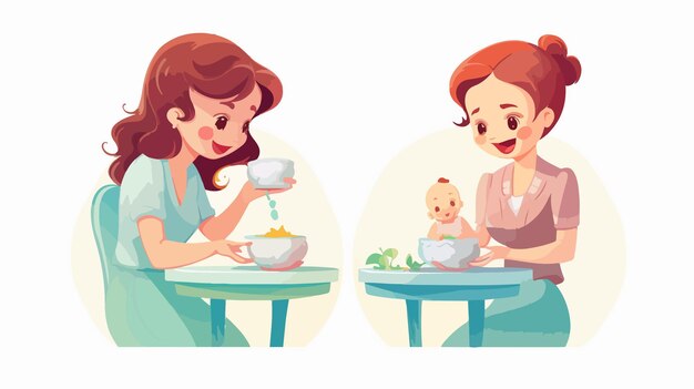 Vector effective and ineffective ways for mothers to feed babies cartoon vector illustration