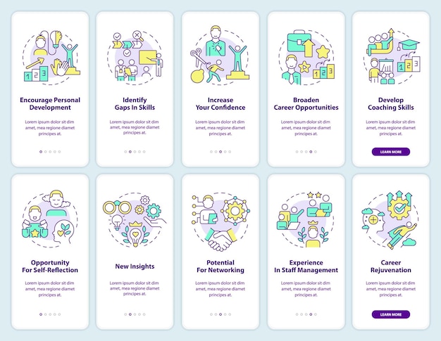 Effective mentoring program signs onboarding mobile app screen set