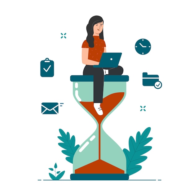 Effective time management concept with girl sitting on hourglass illustration