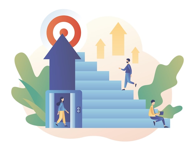 Efforts to achieve target The metaphor different ways to achieve the goal Tiny people choose a ladder or an elevator to success Modern flat cartoon style Vector illustration on white background