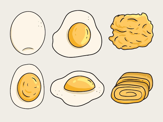 Vector egg food drawing set. boiled and fry eggs cartoon vector icon.