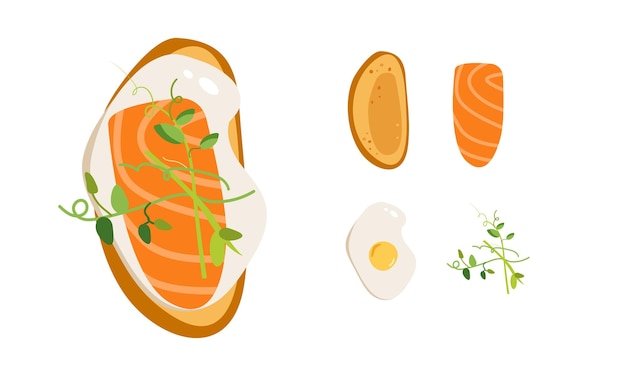 Egg microgreen and salmon toast Delicious sandwich made of fresh toasted bread smoked lox Seasoning and dill on top Hand drawn vector illustration