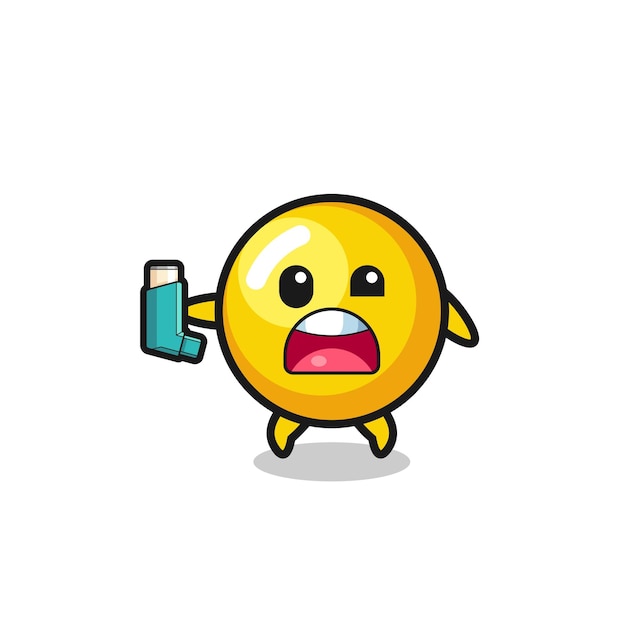 Egg yolk mascot having asthma while holding the inhaler