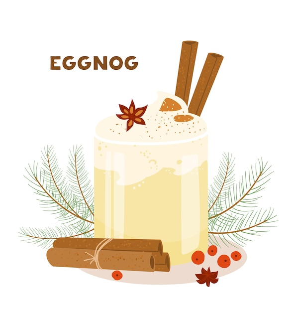 Eggnog Glass Cup With Cinnamon Sticks Decorated With Ashberries and Fir Branches.