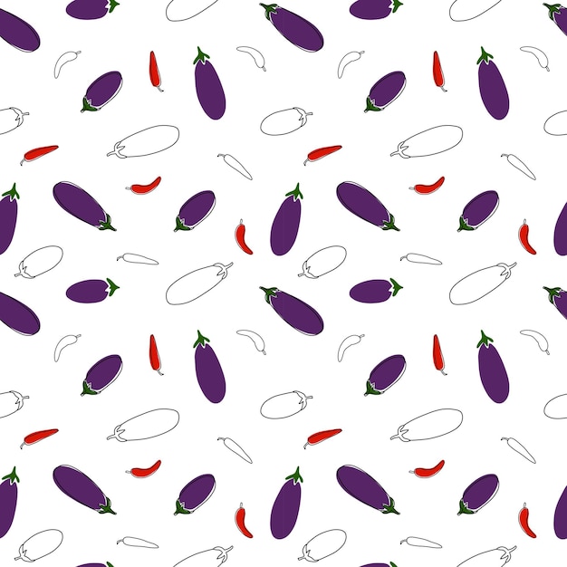 Eggplant and chilli pepper seamless pattern Doodle style pattern with contouring and color elements