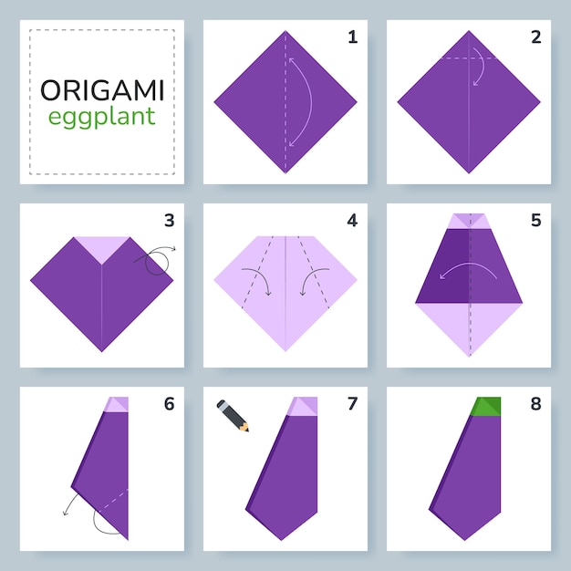 Vector eggplant origami scheme tutorial moving model origami for kids step by step