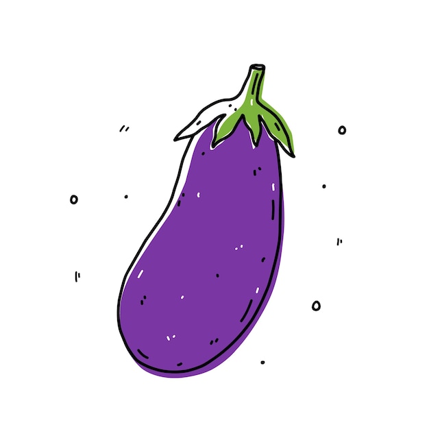 Eggplant vegetable isolated on white background. Organic healthy food. Vector hand-drawn illustration in doodle style. Perfect for cards, logo, decorations, recipes, various designs.