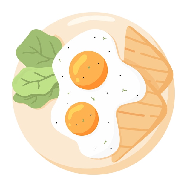 Eggs on a plate Fried eggs with vegetables and bread English delicious breakfast Omelet with bread Vector illustration in cartoon style