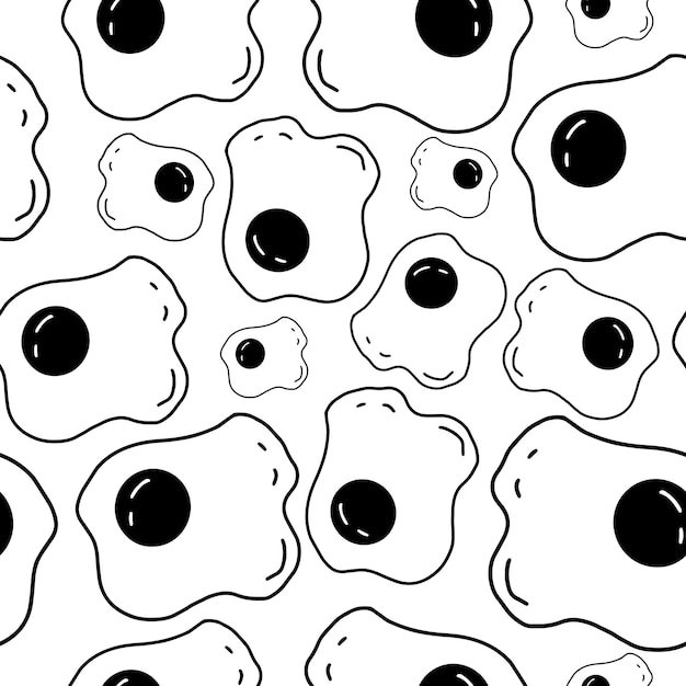 Eggs seamless pattern in doodle style on isolated white background Print food fried eggs hand drawn