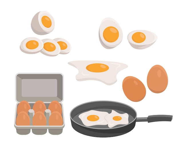 Eggs Set, boiled egg, fried egg in a pan, Eggs in a box. Healthy Organic Food Vector Illustration