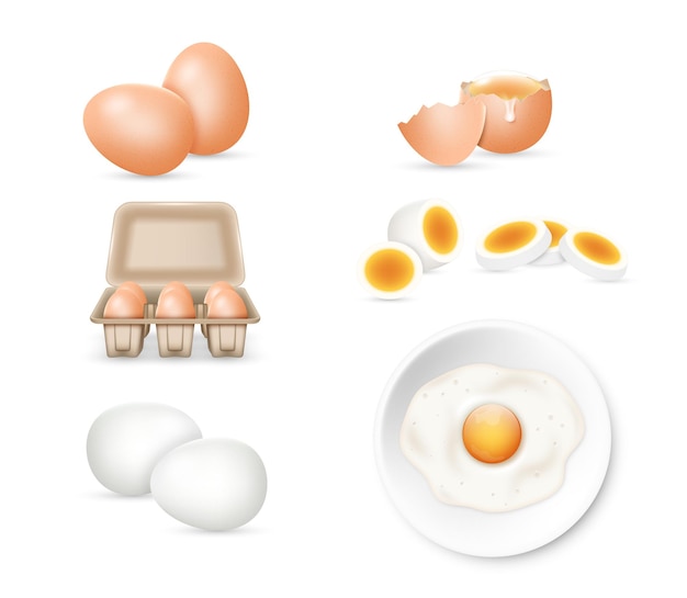 Eggs set whole and with broken eggshell fried egg with yolk packed in carton boxes open and closed