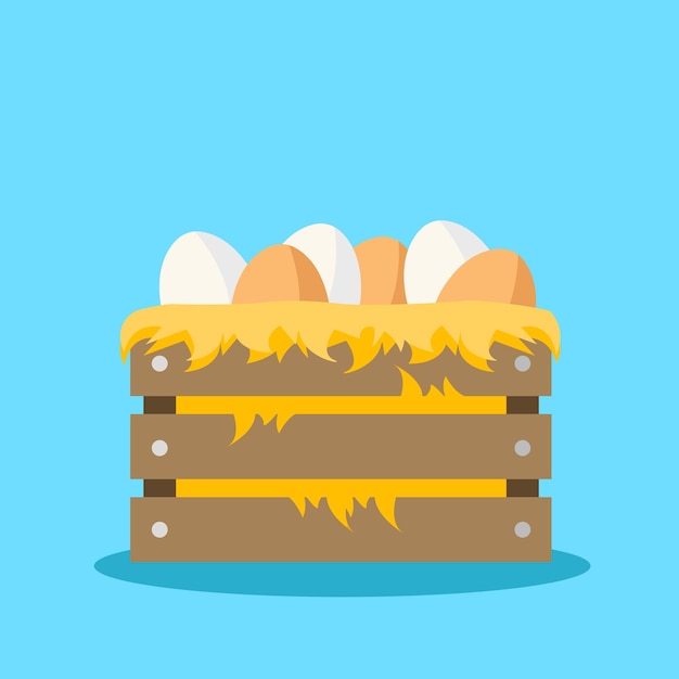 Vector eggs in a wooden box farm harvest vector illustration in flat style