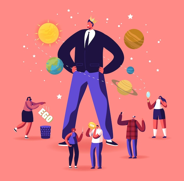 Ego, Narcissistic Self Love Behavior Concept. Tiny Male Female Characters around of Huge Egocentric Macho Man Wearing Crown on Head. Psychological Disorder Symptom. Cartoon People Vector Illustration