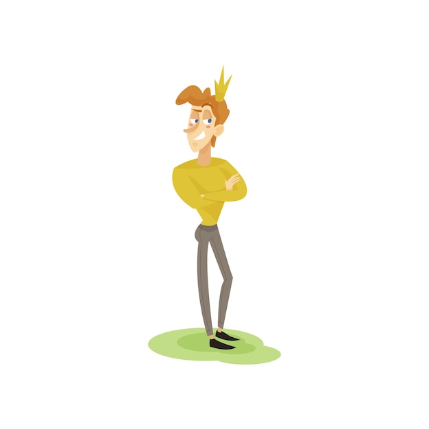 Egotistical modern prince in casual clothes and golden crown standing with folded hands funny young man comic character cartoon vector Illustration on a white background