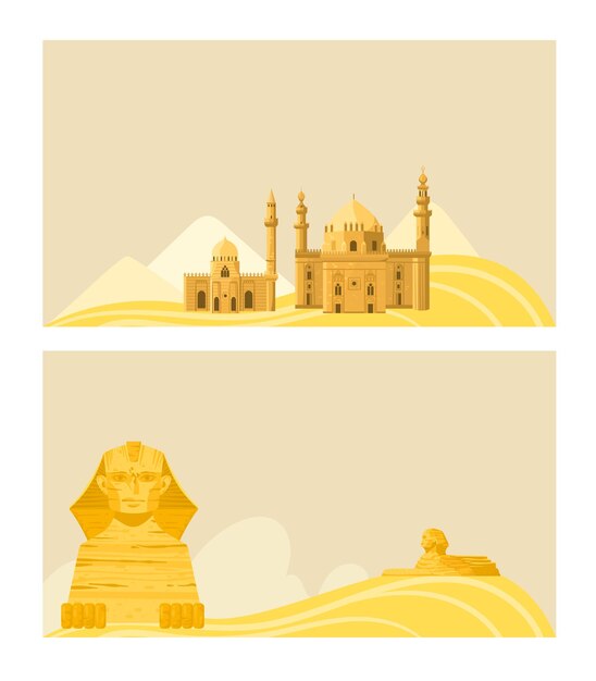 Egypt banner tourism background sphinx desert africa culture vacation design in cartoon style vector illustration