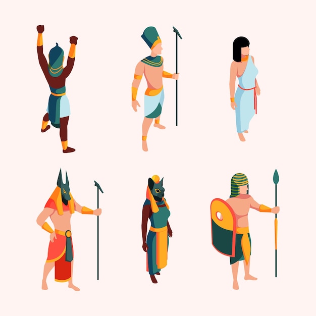 Egypt characters Ancient isometric persons gods pharaoh sculpture landmarks antique statue garish vector egyptian people