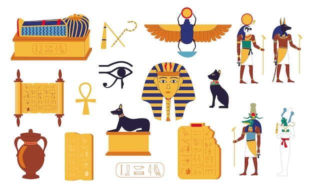 Egypt hieroglyphs Cartoon Egyptian culture elements Ancient graves of pharaohs mythological gods lettering on stone tablets and papyrus Religious symbols and animals vector set