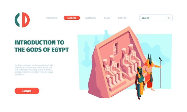 Egypt landing Travelling concept template with historical ancient architecture pyramid and egypt gods garish vector web page with place for text